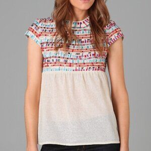 Gryphon Stitch Cream Gauze Topstitched Top Sz XS NWT